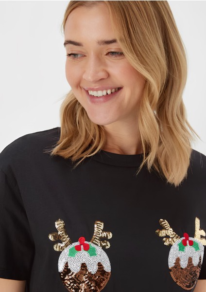 Pamuk Siyah Noel Temalı Payetli Kadın T-Shırt fiyatları
