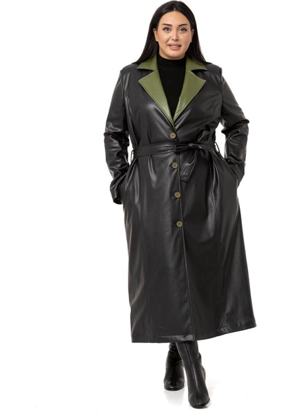 Büyük Beden Yakası Garnili Yandan Cepli Astarlı Deri Siyah Uzun Kaban