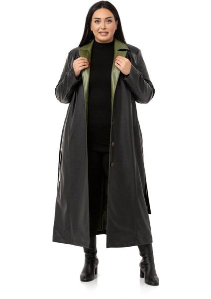 Büyük Beden Yakası Garnili Yandan Cepli Astarlı Deri Siyah Uzun Kaban fiyatları