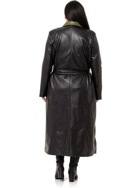 Büyük Beden Yakası Garnili Yandan Cepli Astarlı Deri Siyah Uzun Kaban modelleri