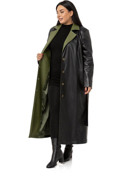 Büyük Beden Yakası Garnili Yandan Cepli Astarlı Deri Siyah Uzun Kaban fırsatları