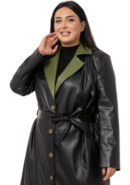 Büyük Beden Yakası Garnili Yandan Cepli Astarlı Deri Siyah Uzun Kaban indirimleri