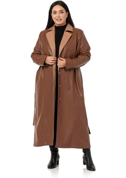 Büyük Beden Yakası Garnili Yandan Cepli Astarlı Deri Kahverengi Uzun Kaban fiyatları