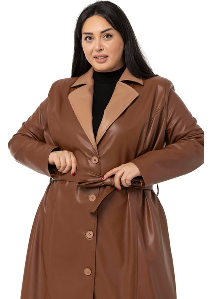 Büyük Beden Yakası Garnili Yandan Cepli Astarlı Deri Kahverengi Uzun Kaban indirimleri