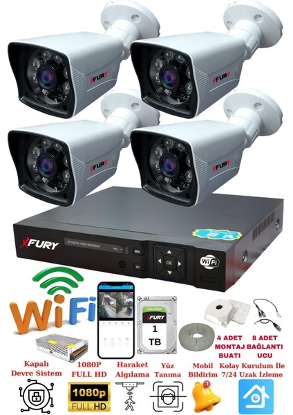 4 Kameralı 5mp Lensli 1080P 2mp Görüntü 6 Atom Gece Görüşlü FullHd Güvenlik Kamerası 5525A 1 TB