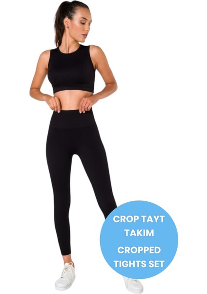 Mood Agenda Kadın Sporcu Fitness Yoga Pilates Yüksek Bel Tayt-Crop Fitilli Takım