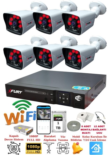 6 Kameralı 5mp Lensli 1080P 2mp Görüntü 6 Atom Gece Görüşlü FullHd Güvenlik Kamerası 5525A 1TB