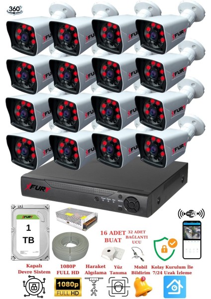 16 Kameralı 5mp Lensli 1080P 2mp Görüntü 6 Atom Gece Görüşlü FullHd Güvenlik Kamerası 5525A 1 TB