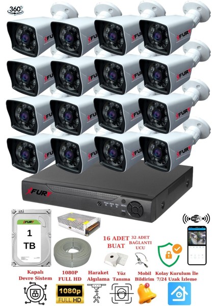 16 Kameralı 5mp Lensli 1080P 2mp Görüntü 6 Atom Gece Görüşlü FullHd Güvenlik Kamerası 5525A 1 TB