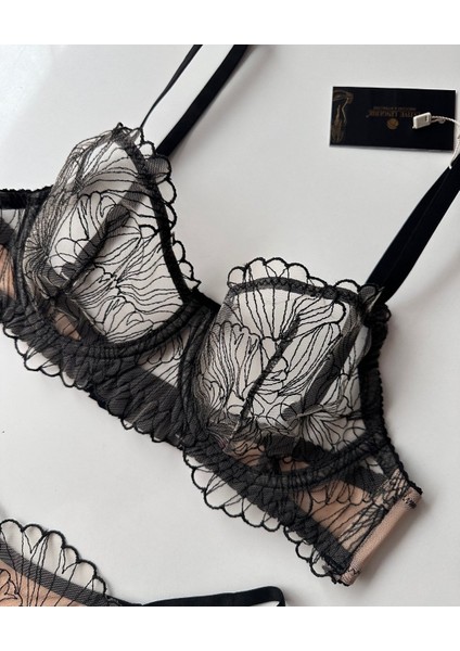 Intive Lingerie Madilyn Siyah Bej Modern Desenli Balenli Transparan Sütyen Takım