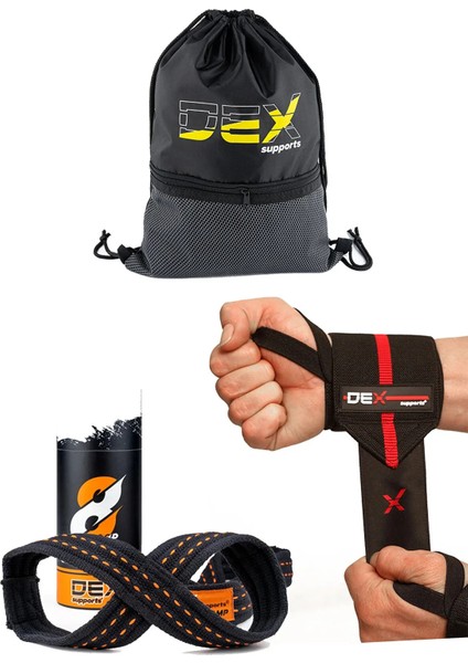 Ağırlık Kaldırma Kayışı 8 Loop Lifting Straps+Sporcu Bilekliği Elite Wrist Wraps+Sackpack 3'lü Set