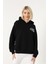 Kadın Siyah Kapşonlu Oversize Baskılı Sweatshirt 1