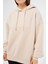 Kadın Oversize Basic Kapüşonlu Sweatshirt Bej - Fruno 2