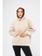 Kadın Oversize Basic Kapüşonlu Sweatshirt Bej - Fruno 3