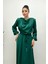 Beli Büzgülü Saten Abiye Elbise - Zümrüt Yeşili 4