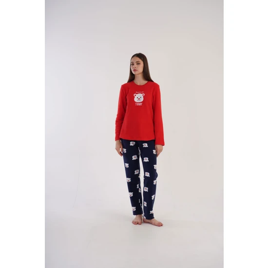 Vienetta Kadın Polar Ayıcıklı Kırmızı Lacivert - Uzun Kollu Pijama Takımı