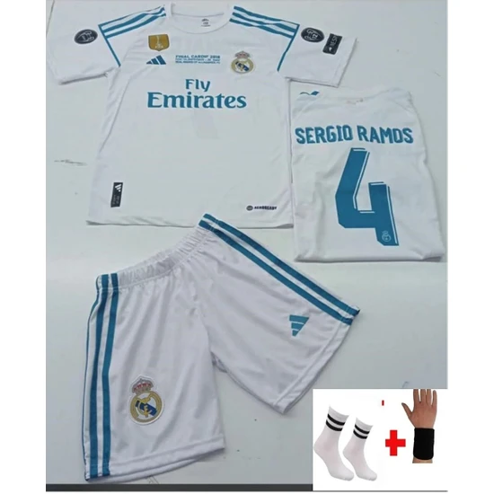 Sidas Real Madrid Sergio Ramos 2018 Beyaz Şampiyonlar Ligi Iç Saha Çocuk Futbol Forması 4'lü Set
