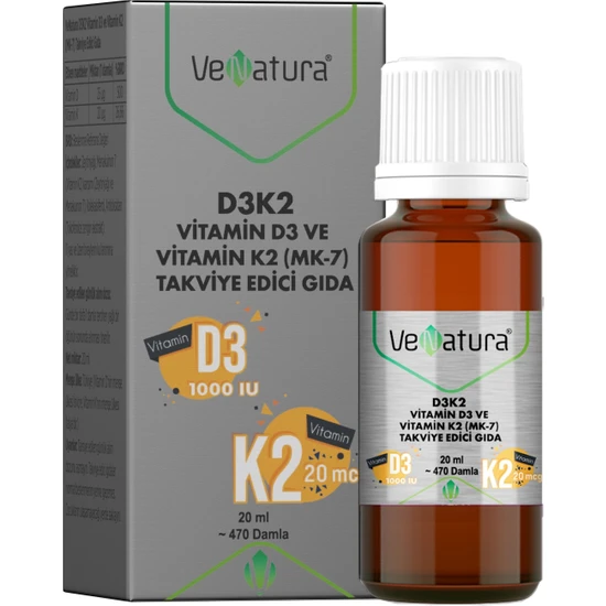 VeNatura D3K2 Vitamin D3 Ve Vitamin K2 Damla Takviye Edici Gıda 20 ml