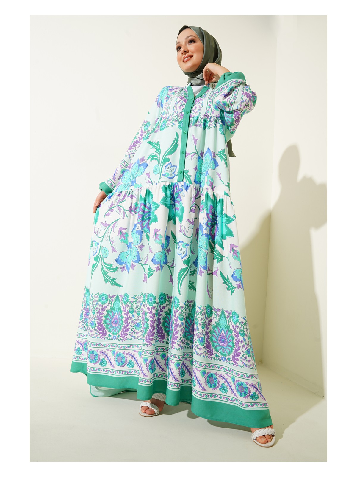 Bigdart Otantik Desenli Mint Renkli Tesettür Elbise Viskoz Kadınlar İçin Şık Tasarım