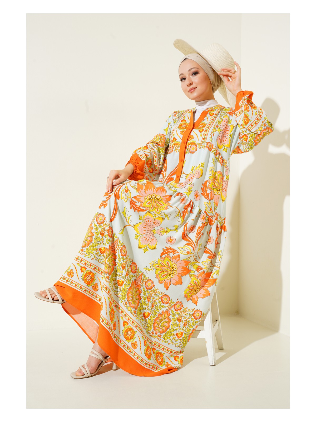 Bigdart 2423 Otantik Desenli Elbise - Y.turuncu