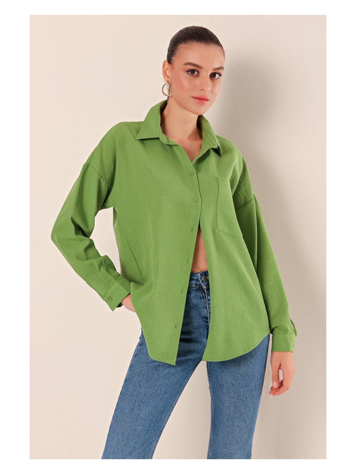 Bigdart 20153 Tek Cepli Oversize Gömlek - Yeşil - Görsel 8