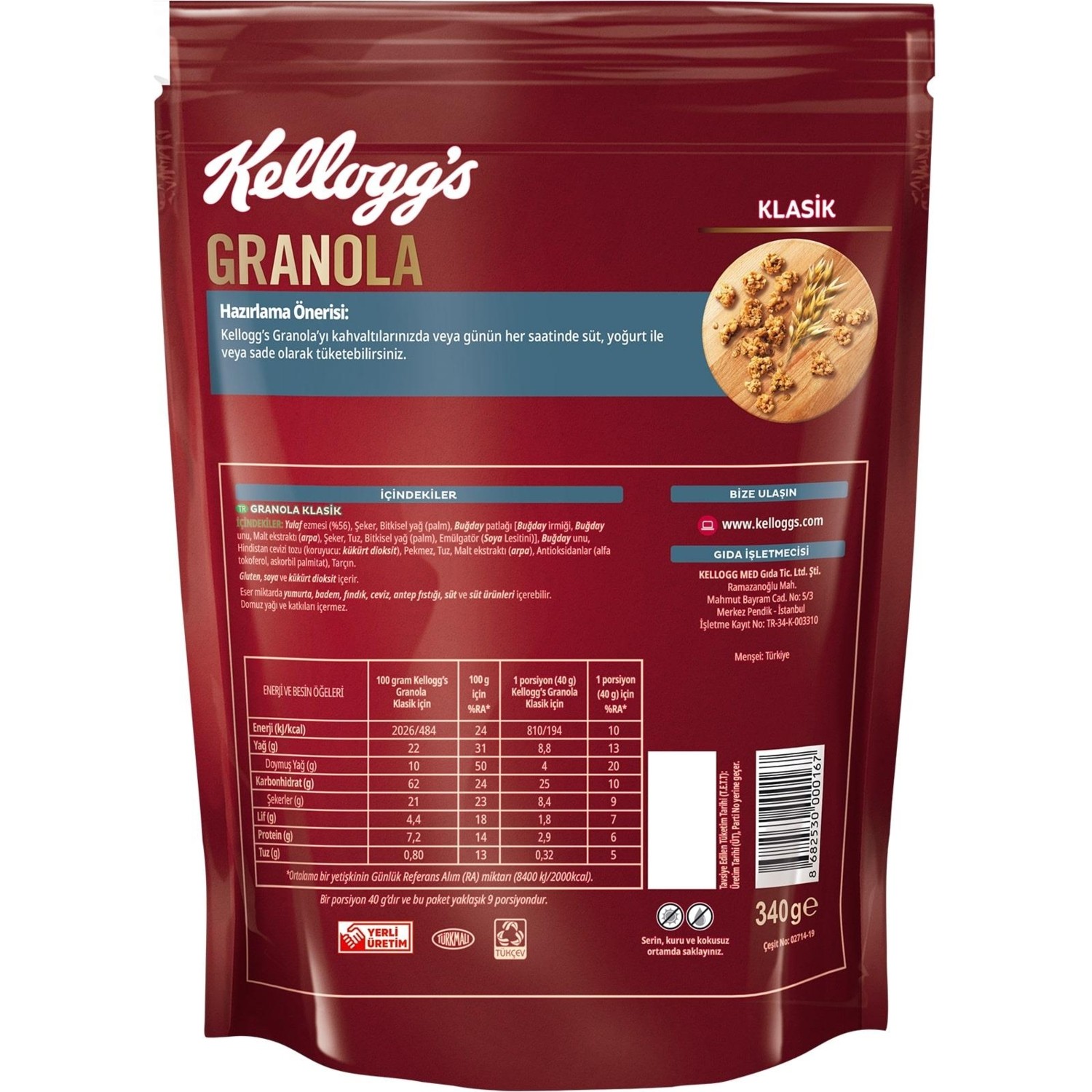 Kellogg's Granola Klasik 340 Gr x 3 Adet,56 Yulaf içerir, Fiyatı