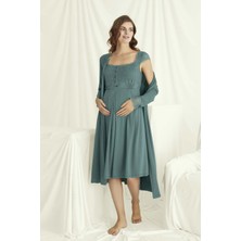 Monamise 18534 Kadın Yesıl Hamile Lohusa Sabahlıklı Emzirme Özellikli Dantel Detaylı Gecelik Takımı