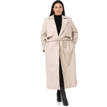 Disentis Modest Büyük Beden Büzgülü Kemerli Rüzgarlıklı Uzun Deri Astarlı Taş Rengi Kaban