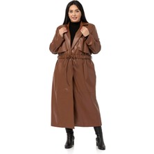 Disentis Modest Büyük Beden Büzgülü Kemerli Rüzgarlıklı Uzun Deri Astarlı Kahverengi Kaban