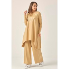 Kadın Kum Beji Baskılı Tunik Pantolon İkili Takım DM863
