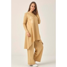 Kadın Kum Beji Baskılı Tunik Pantolon İkili Takım DM863