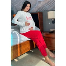 For You Mama Hello Baby Baskılı Hamile Uzun Kol Ekru Pijama Takımı