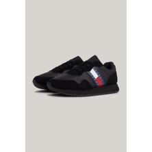 Tommy Hilfiger Erkek Marka Logolu Bağcıklı Kaydırmaz Tabanlı Günlük Siyah Sneaker EM0EM01316-BDS