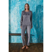 Pemilo Kadın 13166-2 Önü Yazılı Kadife Pijama Takımı