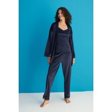 Pemilo Kadın 13402-1 Dantelli Sabahlık Kadife Pijama Takım