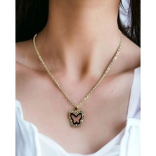 Mixperi Sarı Kelebek Motifli Zirkon Taşlı Kolye Kelebek Desenli Kolye