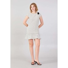 Explosion Kadın Dar Yuvarlak Yaka Desenli Mini Saten Şık Gece Ekru Elbise EXP57312-EKRU