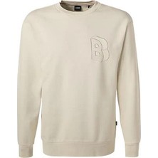 Boss Erkek Marka Logolu Yuvarlak Yaka Uzun Kollu Ekru Sweatshirt 50481578-131