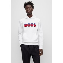 Boss Erkek Logolu Kapüşonlu Uzun Kollu Günlük Kullanım Beyaz Sweatshirt 50499560-100