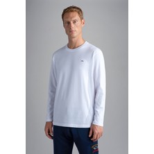 Paul & Shark  Erkek %100 Pamuklu Basic Uzun Kollu Sıfır Yaka Marka Logolu Beyaz T-Shirt C0P1093-010