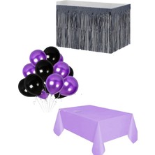 Parti Furyası Mor Masa Örtüsü Siyah Masa Eteği  20 Adet Siyah Mor Balon Set