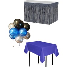 Parti Furyası Lacivert Masa Örtüsü Siyah Masa Eteği  20 Adet Siyah Gümüş Koyu Mavi Balon Set