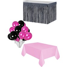 Parti Furyası Pembe Masa Örtüsü Siyah Masa Eteği  20 Adet Siyah Pembe Balon Set