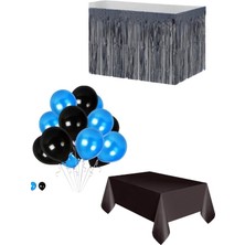 Parti Furyası Siyah Masa Örtüsü Siyah Masa Eteği  20 Adet Siyah Mavi Balon Set