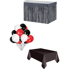 Parti Furyası Siyah Masa Örtüsü Siyah Masa Eteği  20 Adet Siyah Beyaz Kırmızı Balon Set