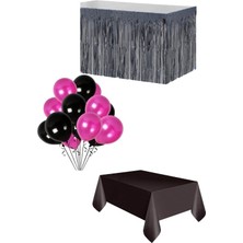 Parti Furyası Siyah Masa Örtüsü Siyah Masa Eteği  20 Adet Siyah Fuşya Balon Set