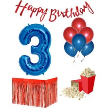 Parti Furyası 3 Yaş Kırmızı-Mavi  Balon Rakam Folyo Banner Mısır Kutusu Masa Eteği Doğum Günüparti Seti