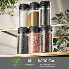 Meleni Home 6 Adet Etiketli Cam Baharat Takımı - Döner Kapaklı Kavanoz Baharatlık Seti Tuzluk Biberlik 6X245 ml