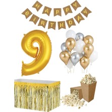 Parti Furyası 9 Yaş  Kraft Gold  Balon Rakam Folyo Banner Mısır Kutusu Masa Eteği Doğum Günü Parti Seti
