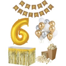 Parti Furyası 6 Yaş  Kraft Gold  Balon Rakam Folyo Banner Mısır Kutusu Masa Eteği Doğum Günü Parti Seti
